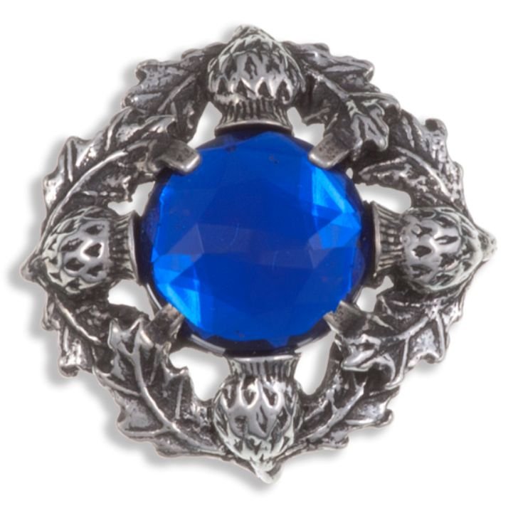 Image 1 of Thistle Flower Antiqued Round Blue Glass Stone Stylish Pewter Brooch