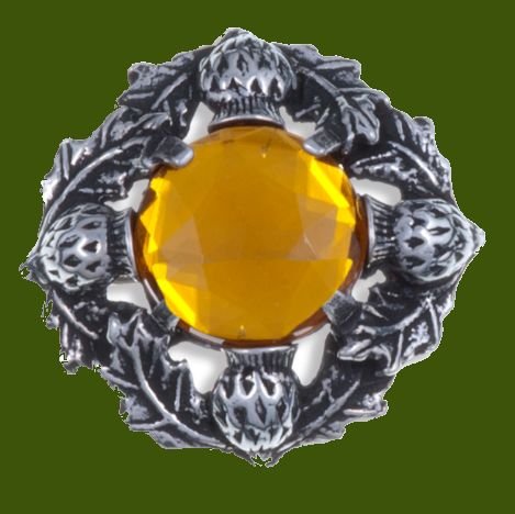 Image 0 of Thistle Flower Antiqued Round Orange Glass Stone Stylish Pewter Brooch