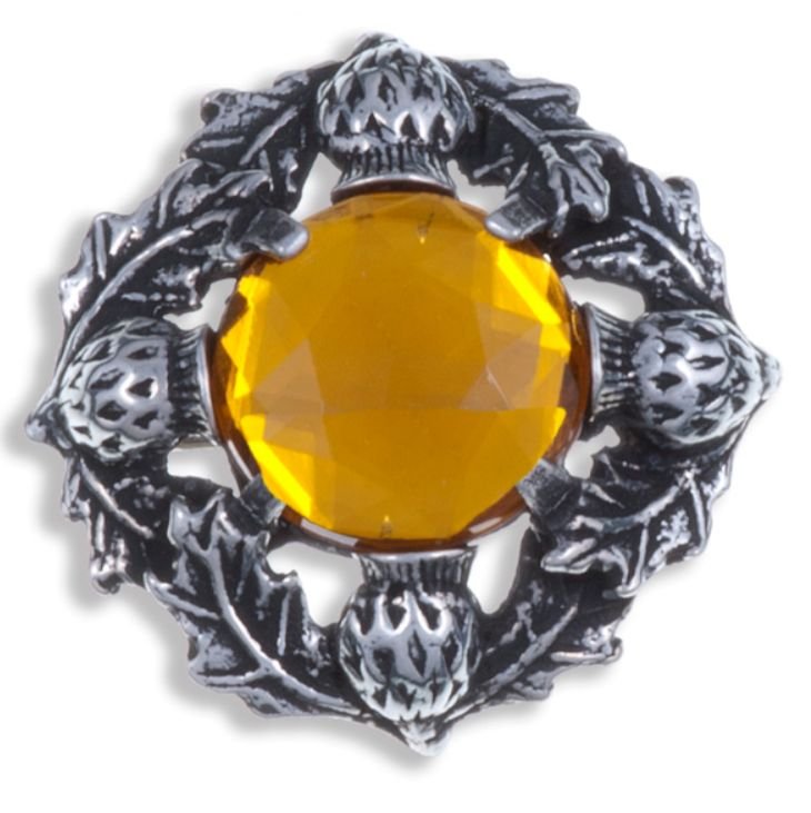 Image 1 of Thistle Flower Antiqued Round Orange Glass Stone Stylish Pewter Brooch