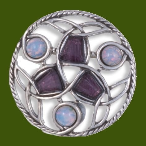 Image 0 of Celtic Endless Knotwork Antiqued Opal Purple Glass Stone Stylish Pewter Brooch