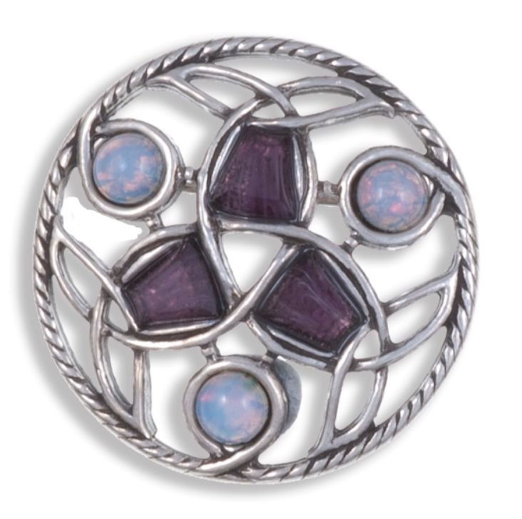 Image 1 of Celtic Endless Knotwork Antiqued Opal Purple Glass Stone Stylish Pewter Brooch