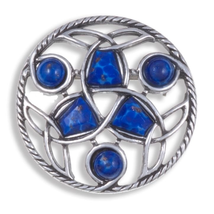 Image 1 of Celtic Endless Knotwork Antiqued Blue Glass Stone Stylish Pewter Brooch