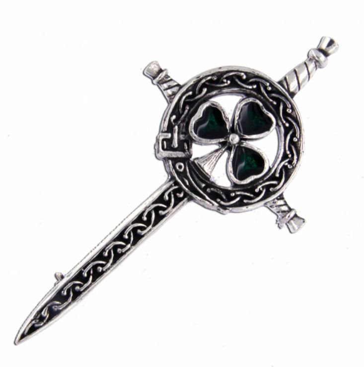 Image 1 of Celtic Knotwork Shamrock Green Enamel Sword Stylish Pewter Brooch