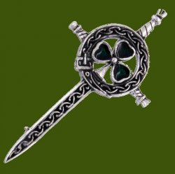 Celtic Knotwork Shamrock Green Enamel Sword Stylish Pewter Brooch