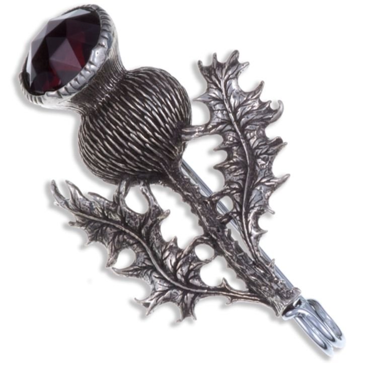 Image 1 of Thistle Flower Antiqued Purple Glass Stone Stylish Pewter Kilt Pin