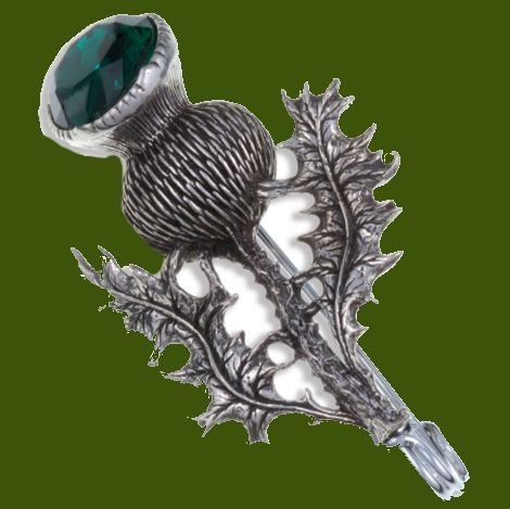 Image 0 of Thistle Flower Antiqued Green Glass Stone Stylish Pewter Kilt Pin