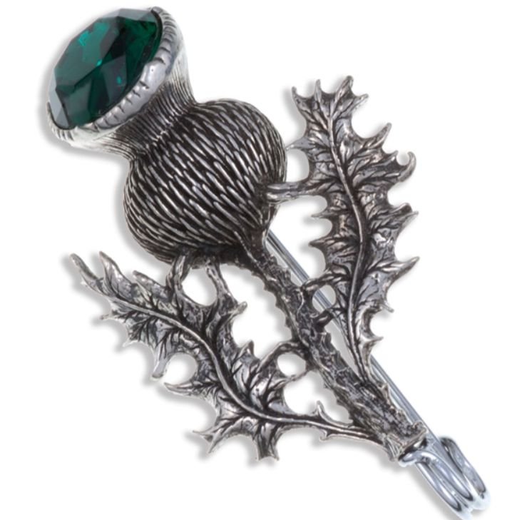 Image 1 of Thistle Flower Antiqued Green Glass Stone Stylish Pewter Kilt Pin