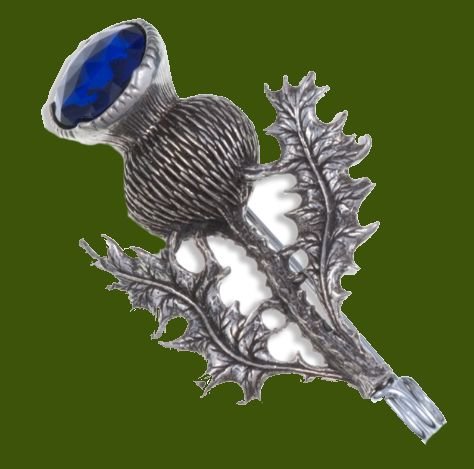 Image 0 of Thistle Flower Antiqued Blue Glass Stone Stylish Pewter Kilt Pin