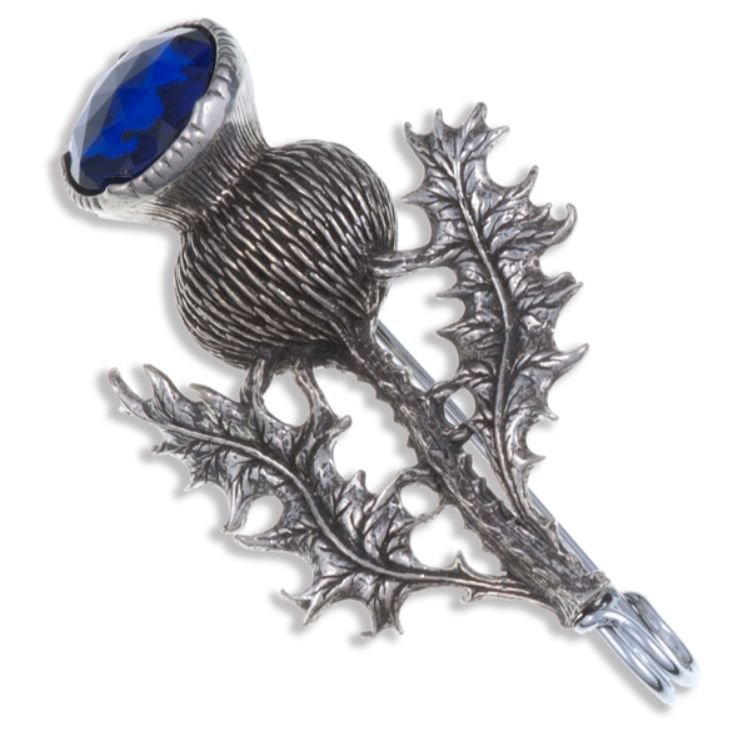 Image 1 of Thistle Flower Antiqued Blue Glass Stone Stylish Pewter Kilt Pin