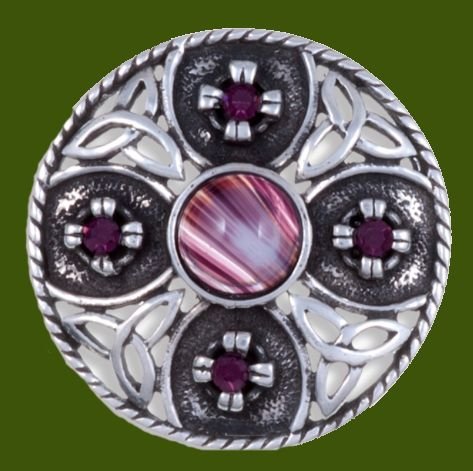 Image 0 of Celtic Triscele Shield Antiqued Purple Glass Stone Stylish Pewter Brooch