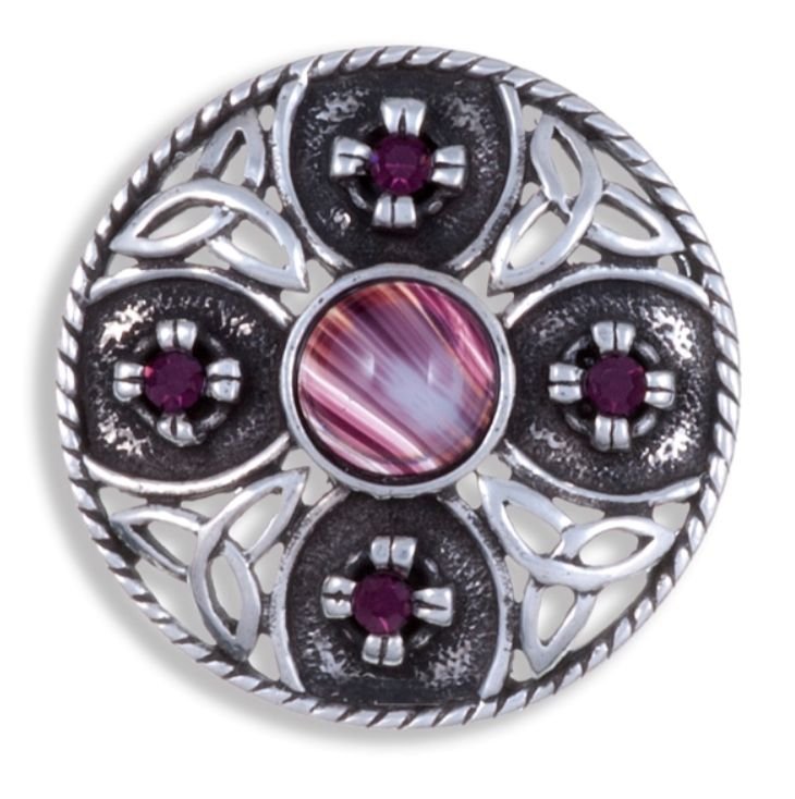 Image 1 of Celtic Triscele Shield Antiqued Purple Glass Stone Stylish Pewter Brooch