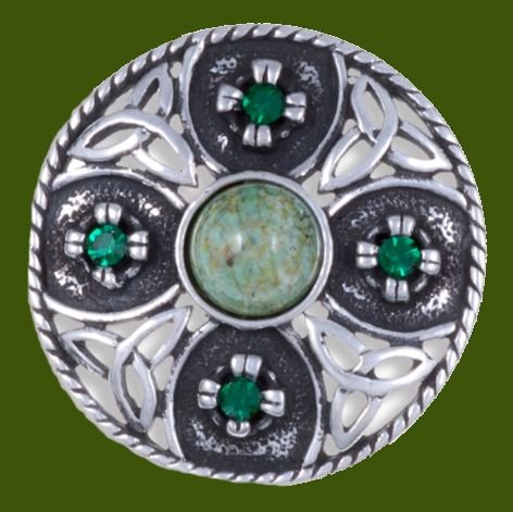 Image 0 of Celtic Triscele Shield Antiqued Iona Green Glass Stone Stylish Pewter Brooch