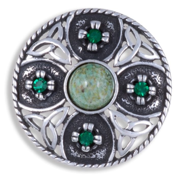 Image 1 of Celtic Triscele Shield Antiqued Iona Green Glass Stone Stylish Pewter Brooch