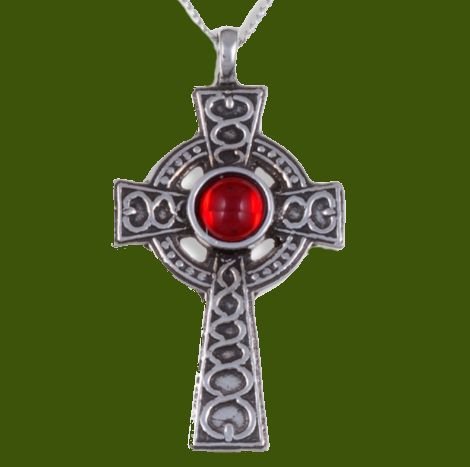 Image 0 of Celtic Cross Antiqued Spiral Knot Red Glass Stones Stylish Pewter Pendant