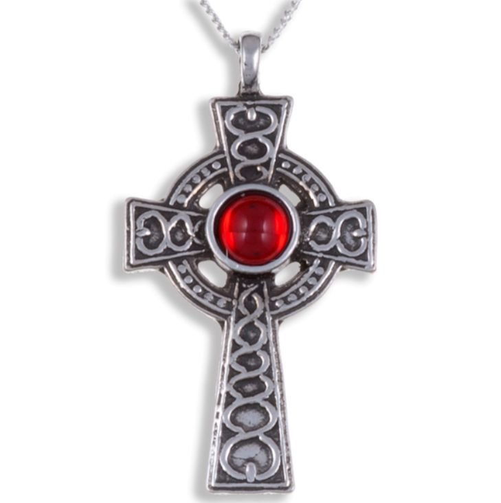 Image 1 of Celtic Cross Antiqued Spiral Knot Red Glass Stones Stylish Pewter Pendant