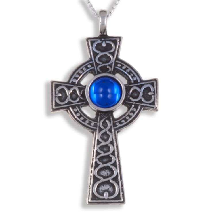 Image 1 of Celtic Cross Antiqued Spiral Knot Blue Glass Stones Stylish Pewter Pendant
