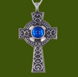 Celtic Cross Antiqued Spiral Knot Blue Glass Stones Stylish Pewter Pendant