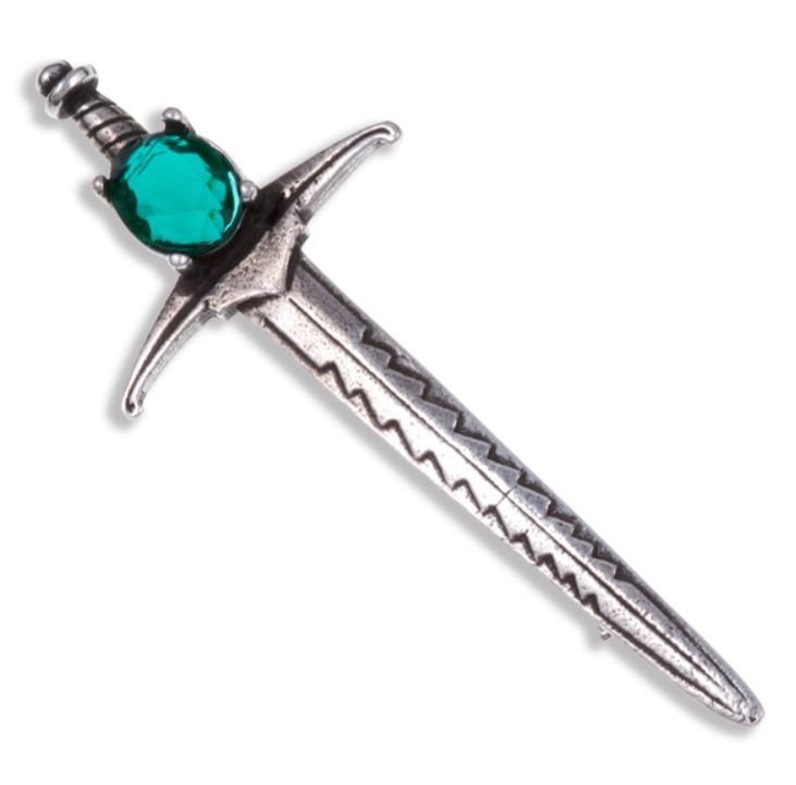 Image 1 of Sword Hilt Antiqued Green Glass Stone Stylish Pewter Brooch