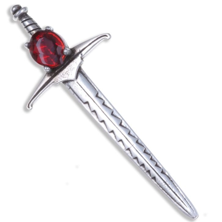 Image 1 of Sword Hilt Antiqued Red Glass Stone Stylish Pewter Brooch