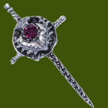 Image 0 of Sword Thistle Flower Antiqued Purple Glass Stone Stylish Pewter Kilt Pin