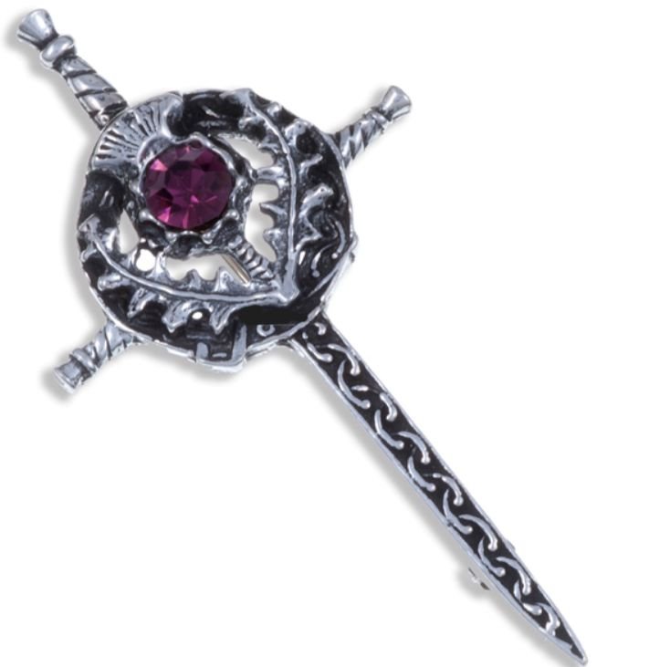 Image 1 of Sword Thistle Flower Antiqued Purple Glass Stone Stylish Pewter Kilt Pin