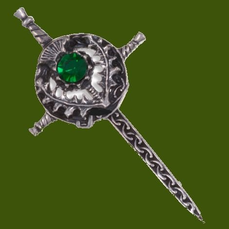 Image 0 of Sword Thistle Flower Antiqued Green Glass Stone Stylish Pewter Kilt Pin