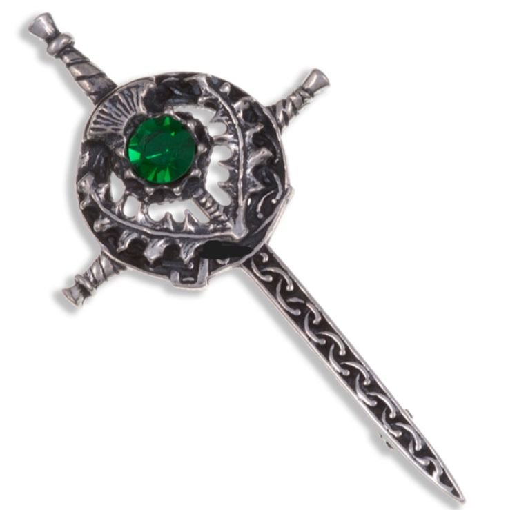 Image 1 of Sword Thistle Flower Antiqued Green Glass Stone Stylish Pewter Kilt Pin