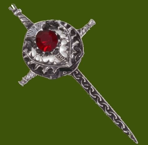 Image 0 of Sword Thistle Flower Antiqued Red Glass Stone Stylish Pewter Kilt Pin
