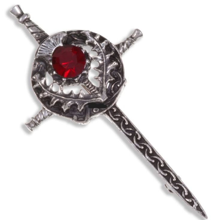 Image 1 of Sword Thistle Flower Antiqued Red Glass Stone Stylish Pewter Kilt Pin
