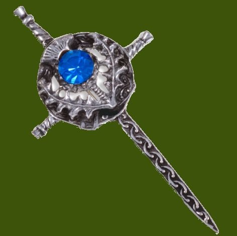 Image 0 of Sword Thistle Flower Antiqued Blue Glass Stone Stylish Pewter Kilt Pin