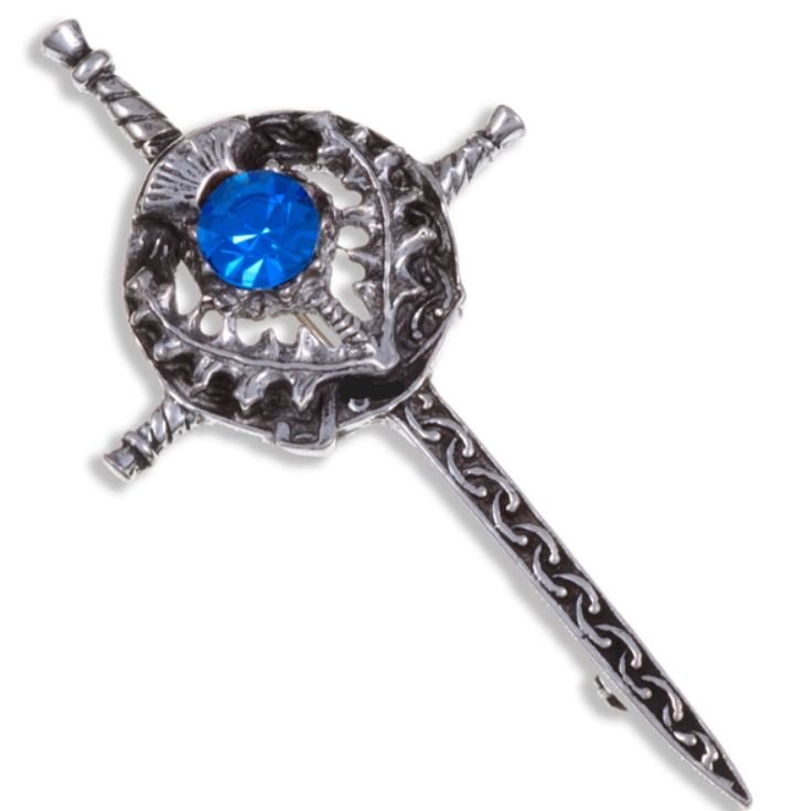 Image 1 of Sword Thistle Flower Antiqued Blue Glass Stone Stylish Pewter Kilt Pin