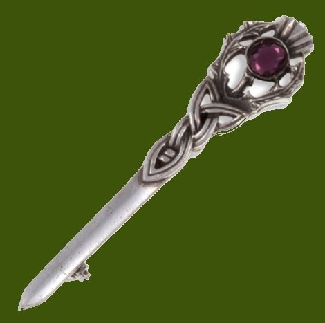 Image 0 of Thistle Love Knot Antiqued Purple Glass Stone Stylish Pewter Kilt Pin