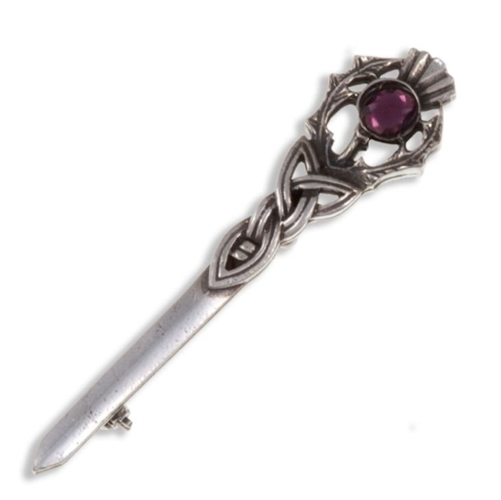 Image 1 of Thistle Love Knot Antiqued Purple Glass Stone Stylish Pewter Kilt Pin