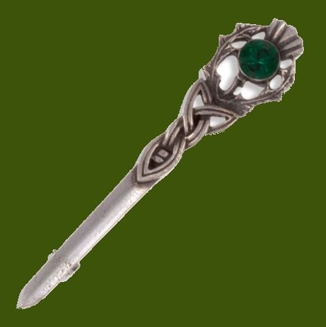 Image 0 of Thistle Love Knot Antiqued Green Glass Stone Stylish Pewter Kilt Pin