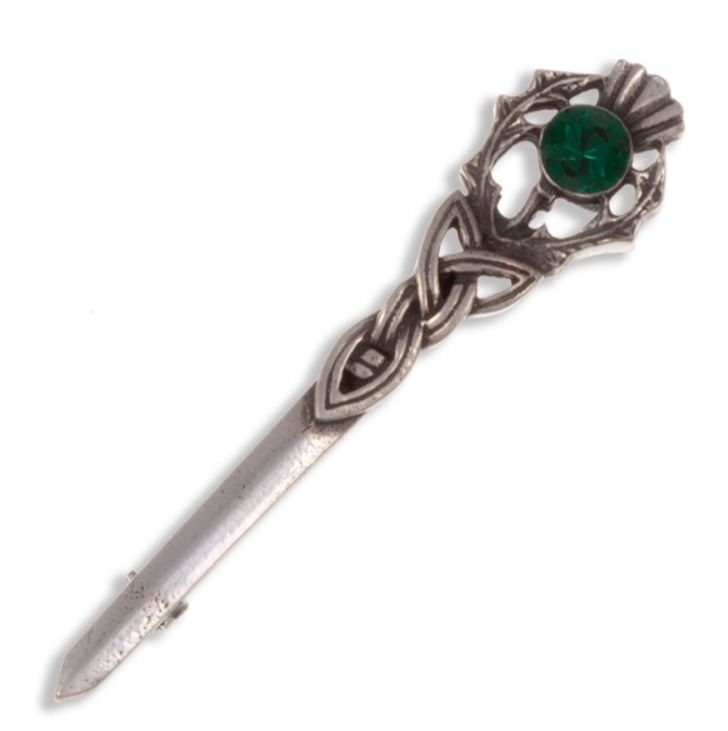 Image 1 of Thistle Love Knot Antiqued Green Glass Stone Stylish Pewter Kilt Pin