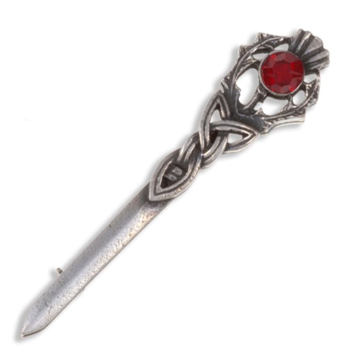 Image 1 of Thistle Love Knot Antiqued Red Glass Stone Stylish Pewter Kilt Pin