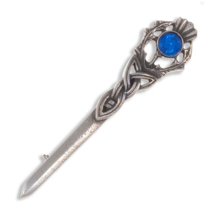 Image 1 of Thistle Love Knot Antiqued Blue Glass Stone Stylish Pewter Kilt Pin