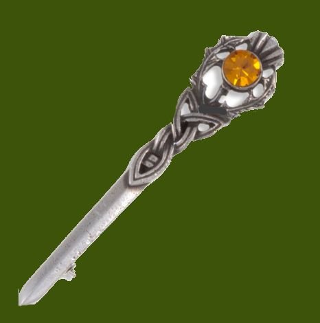 Image 0 of Thistle Love Knot Antiqued Orange Glass Stone Stylish Pewter Kilt Pin