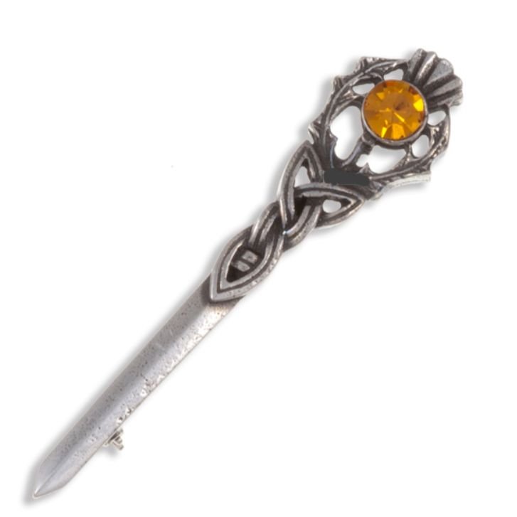 Image 1 of Thistle Love Knot Antiqued Orange Glass Stone Stylish Pewter Kilt Pin