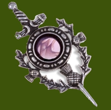 Image 0 of Sword Thistle Antiqued Purple Glass Stone Stylish Pewter Kilt Pin