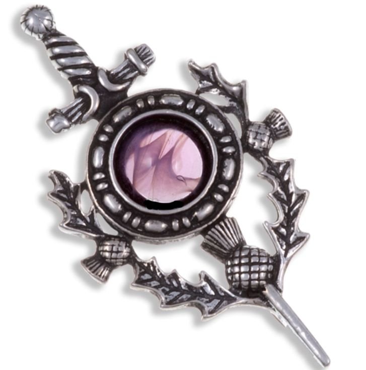 Image 1 of Sword Thistle Antiqued Purple Glass Stone Stylish Pewter Kilt Pin