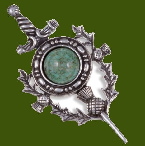 Image 0 of Sword Thistle Antiqued Iona Green Glass Stone Stylish Pewter Kilt Pin