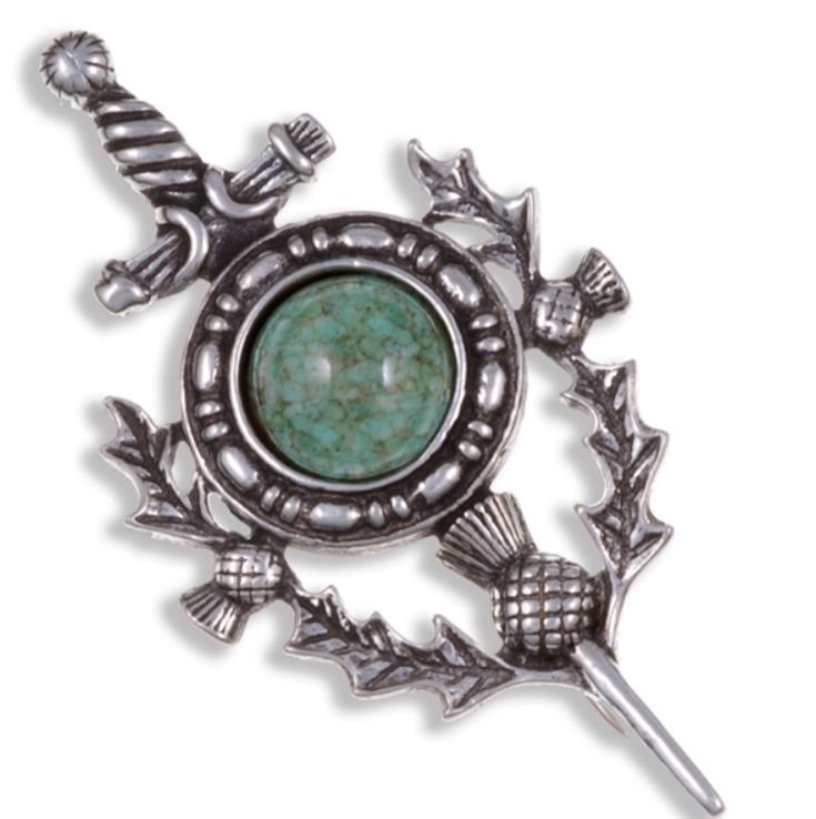 Image 1 of Sword Thistle Antiqued Iona Green Glass Stone Stylish Pewter Kilt Pin