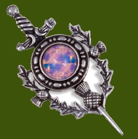 Image 0 of Sword Thistle Antiqued Opal Glass Stone Stylish Pewter Kilt Pin