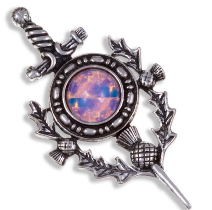 Image 1 of Sword Thistle Antiqued Opal Glass Stone Stylish Pewter Kilt Pin