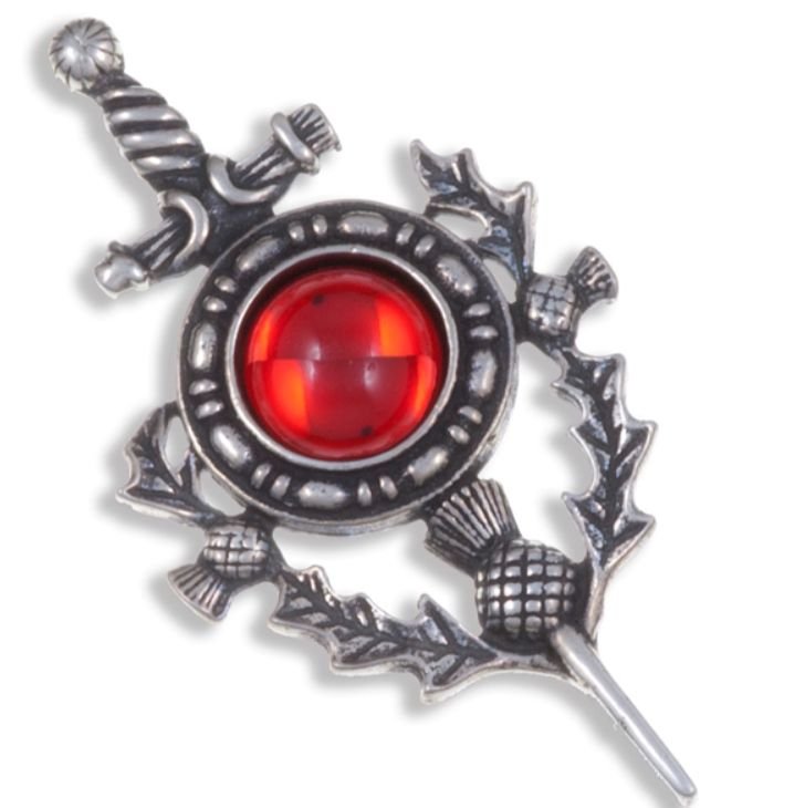 Image 1 of Sword Thistle Antiqued Red Glass Stone Stylish Pewter Kilt Pin