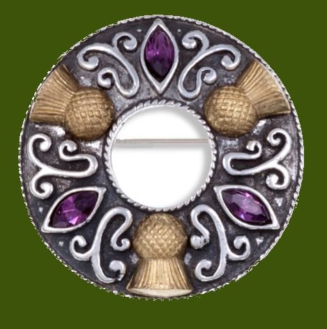 Image 0 of Thistle Flower Antiqued Ring Purple Glass Stone Stylish Pewter Brooch