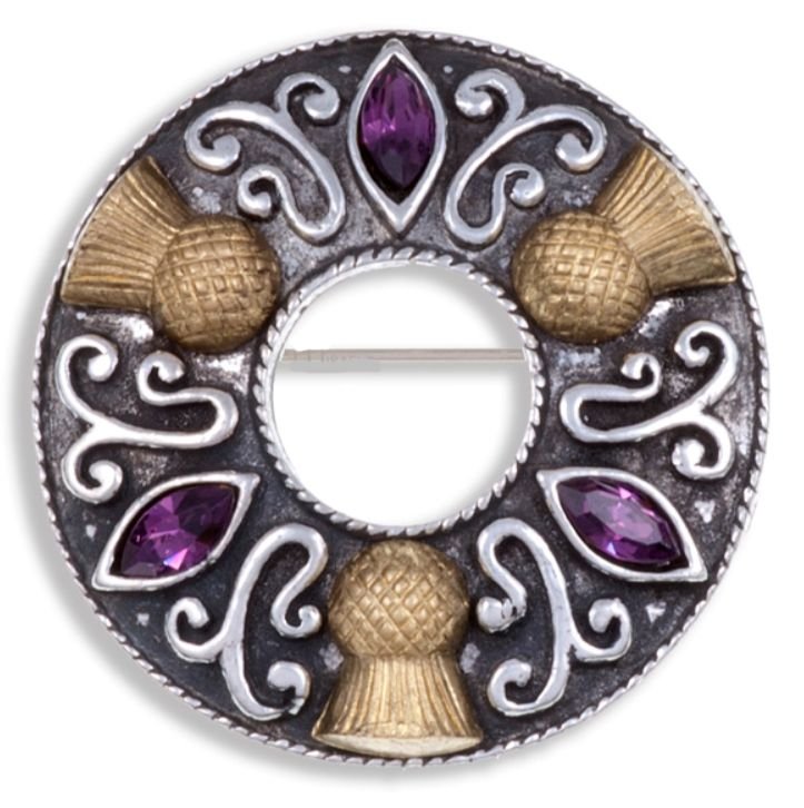 Image 1 of Thistle Flower Antiqued Ring Purple Glass Stone Stylish Pewter Brooch