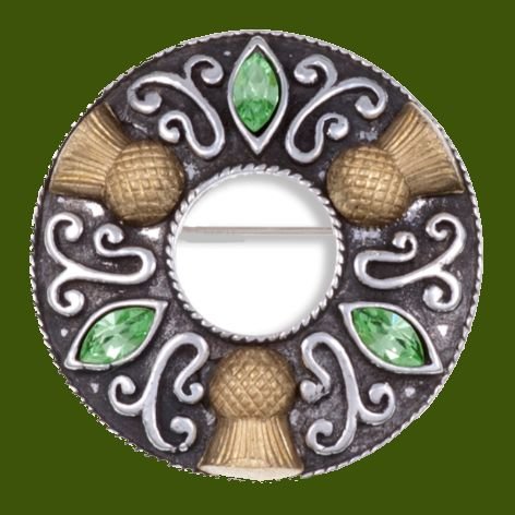 Image 0 of Thistle Flower Antiqued Ring Green Glass Stone Stylish Pewter Brooch