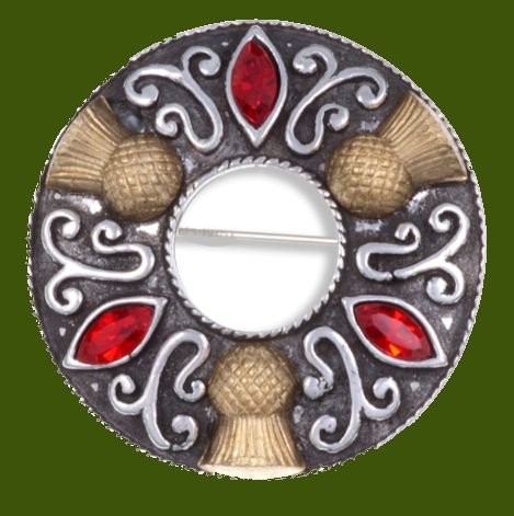 Image 0 of Thistle Flower Antiqued Ring Red Glass Stone Stylish Pewter Brooch